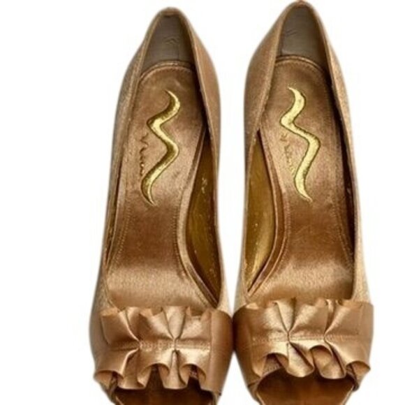 Nina Beige Satin Peep-Toe Heels Formal Ruffle Glam Party Womens 9 Cocktail Dress - Picture 7 of 15